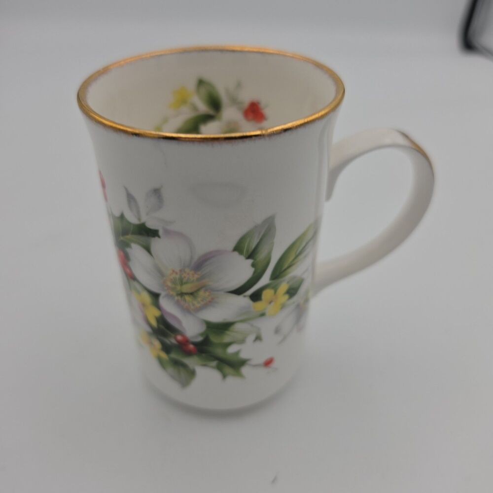 St. George Fine Bone China England Floral Dogwood Holly Gold Trim Coffee Mug